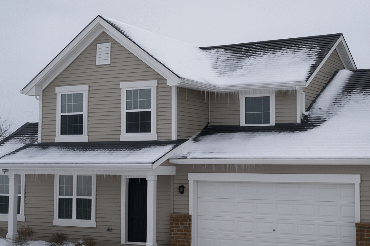 Central Ohio winter roof preparation on a residential home with snow-covered shingles and icicles forming along the eaves.